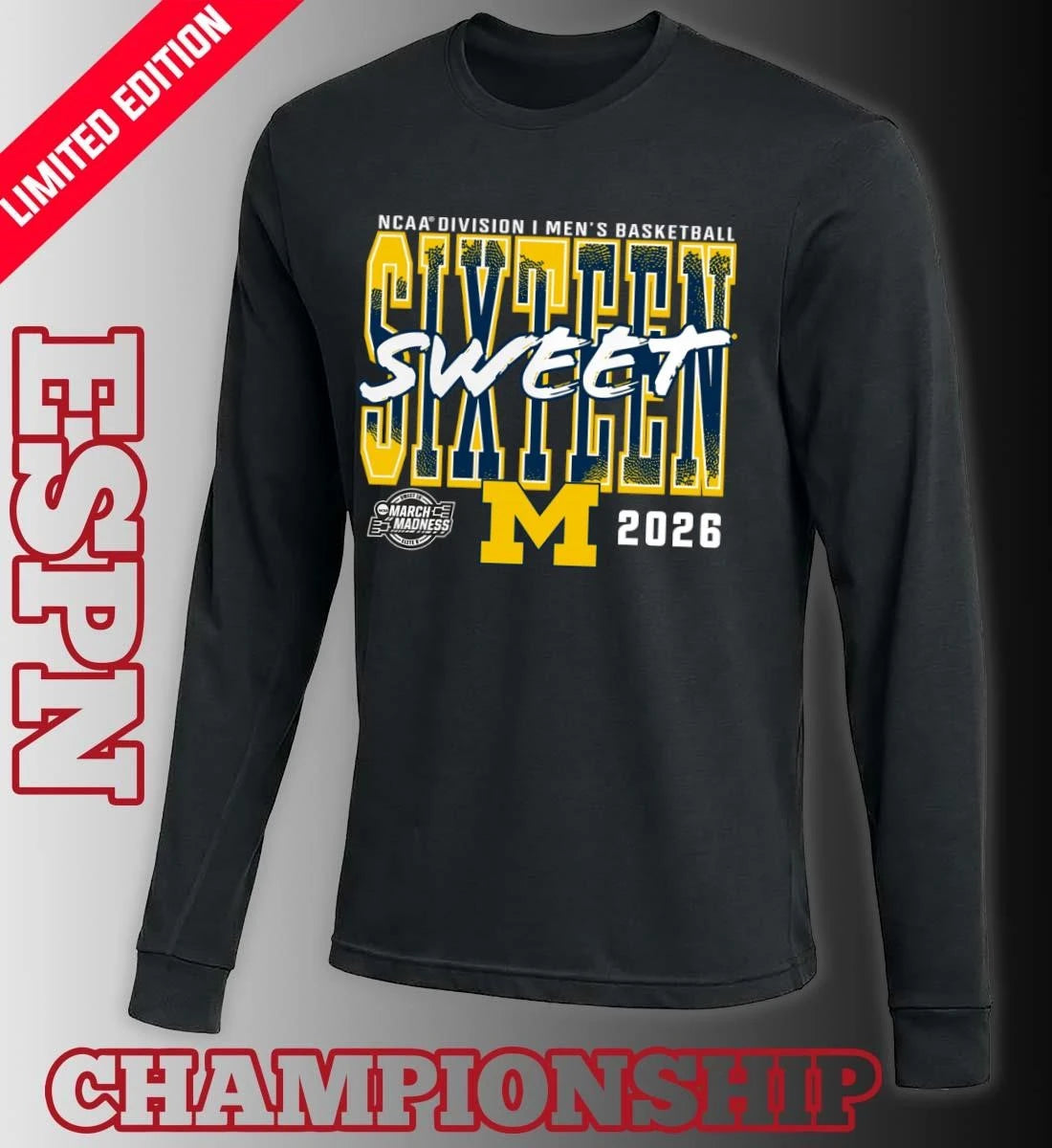 Official Michigan Wolverines 2026 NCAA Men’s Basketball Tournament March Madness Sweet 16 T-Shirt