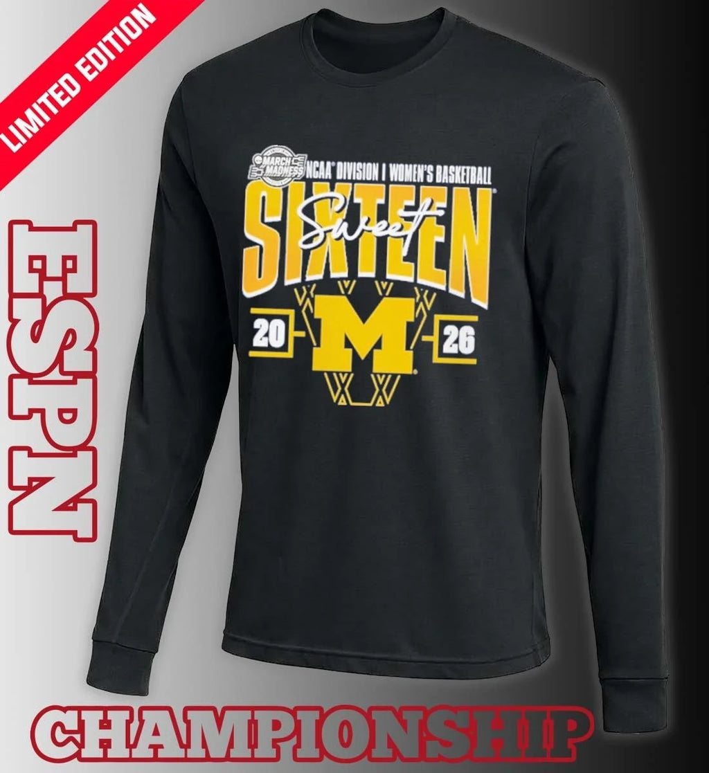 Official Michigan Wolverines 2026 NCAA Women’s Basketball Tournament March Madness Sweet 16 Court Shot T-Shirt