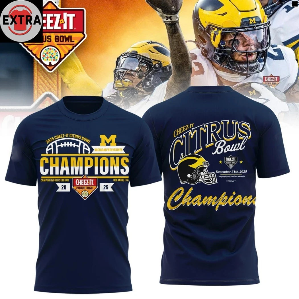 Official Michigan Wolverines Cheez-It Citrus Bowl Champions 2025 Helmet And Logo Hoodie T-Shirt
