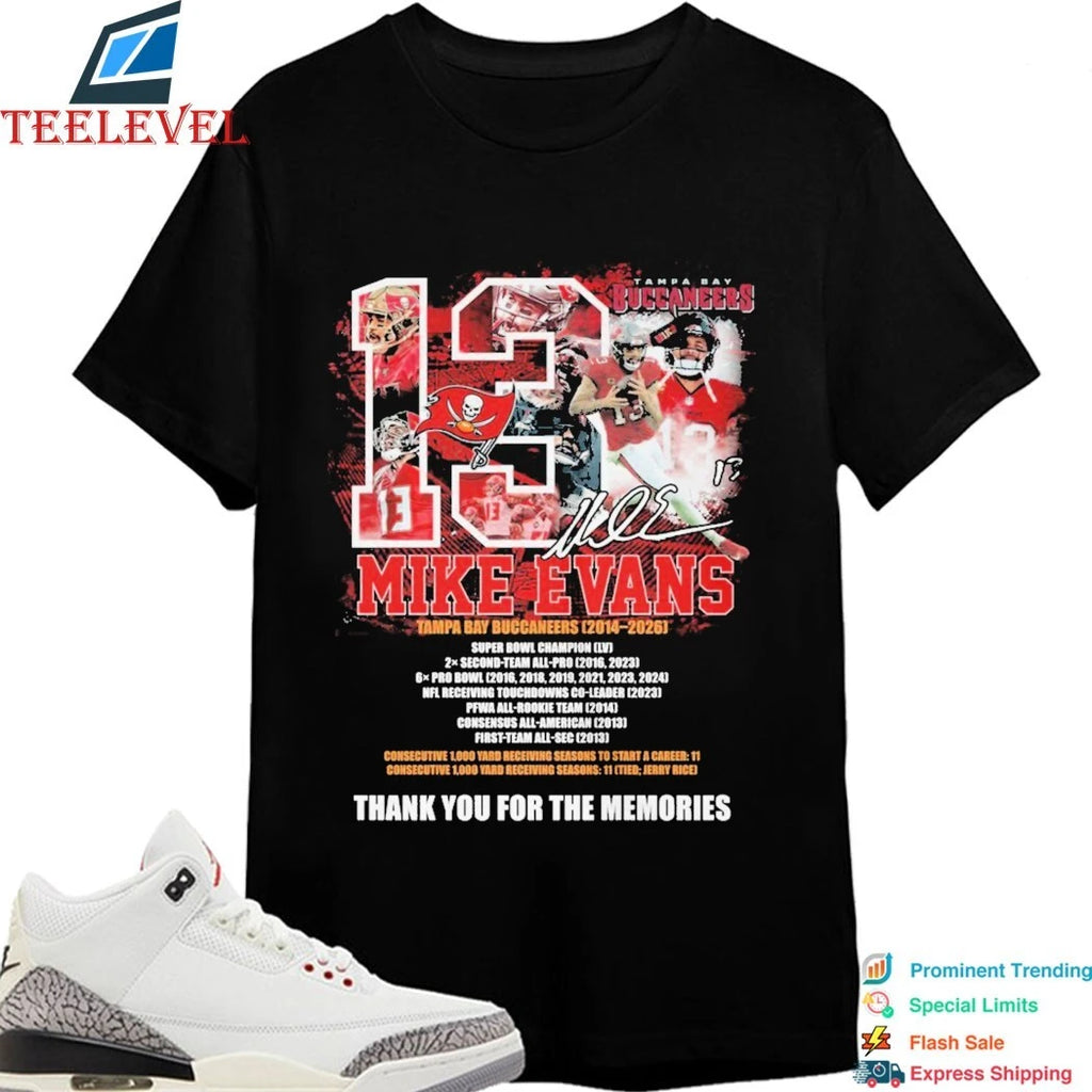 Official Mike Evans Tampa Bay Buccaneers 2014 2026 Thank You For The Memories Signature Shirts