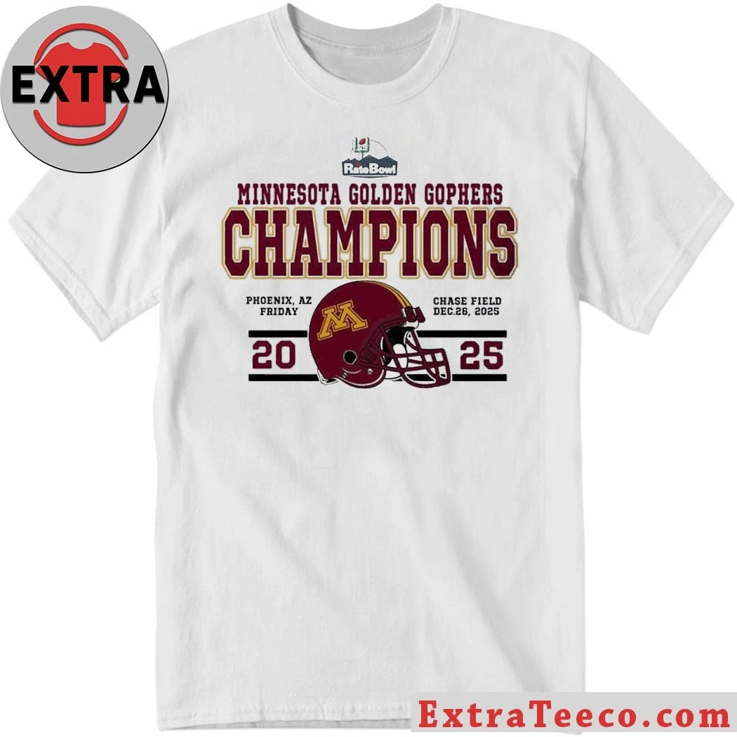 Official Minnesota Golden Gophers 2025 Rate Bowl Champions December 26, 2025, at Chase Field in Phoenix, Arizona Helmet And Logo Shirt