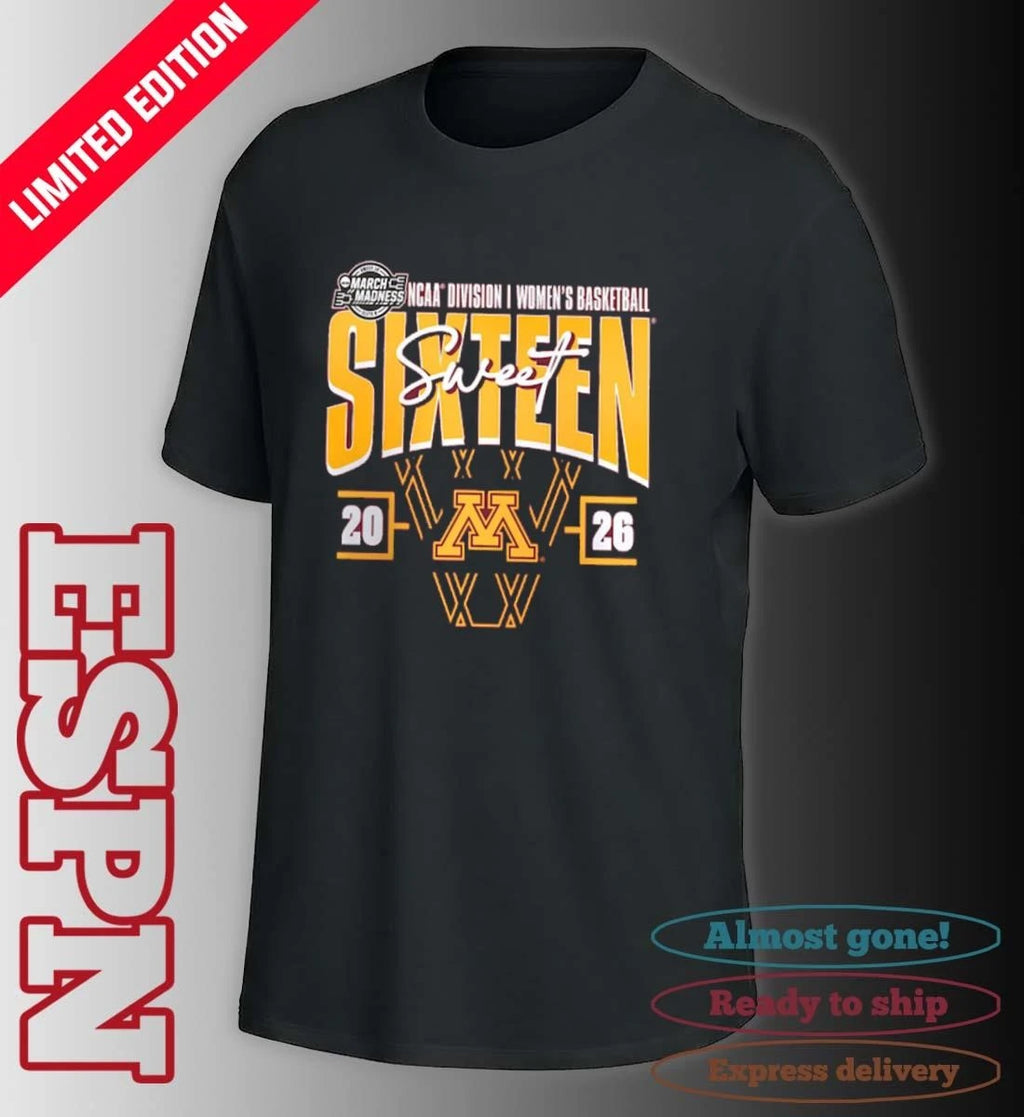 Official Minnesota Golden Gophers 2026 NCAA Women’s Basketball Tournament March Madness Sweet 16 Court Shot T-Shirt