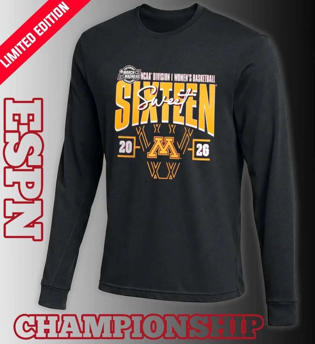 Official Minnesota Golden Gophers 2026 NCAA Women’s Basketball Tournament March Madness Sweet 16 Court Shot T-Shirt