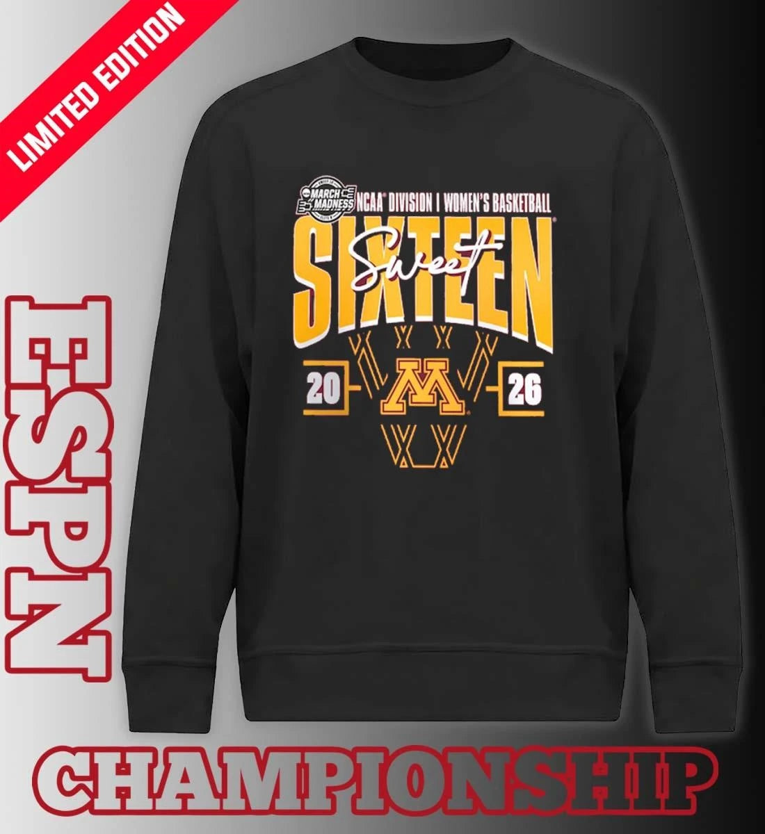 Official Minnesota Golden Gophers 2026 NCAA Women’s Basketball Tournament March Madness Sweet 16 Court Shot T-Shirt