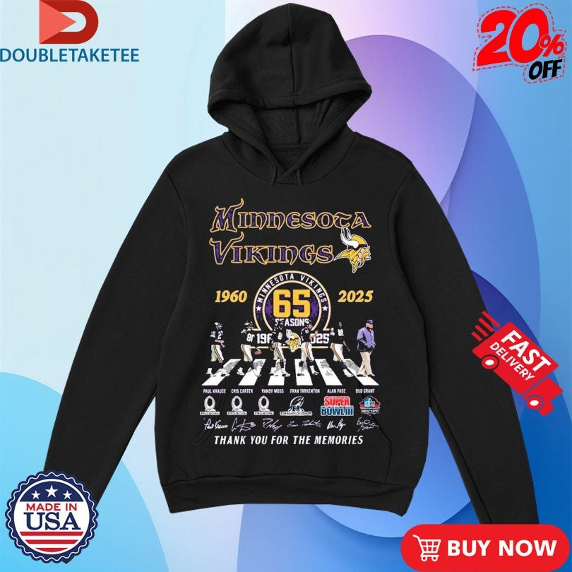 Official Minnesota Vikings 65th Season 1960 2025 Thank You For The Memories Walking Signatures Shirts