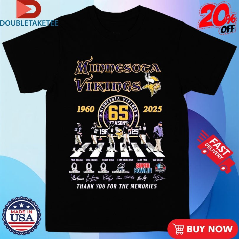 Official Minnesota Vikings 65th Season 1960 2025 Thank You For The Memories Walking Signatures Shirts