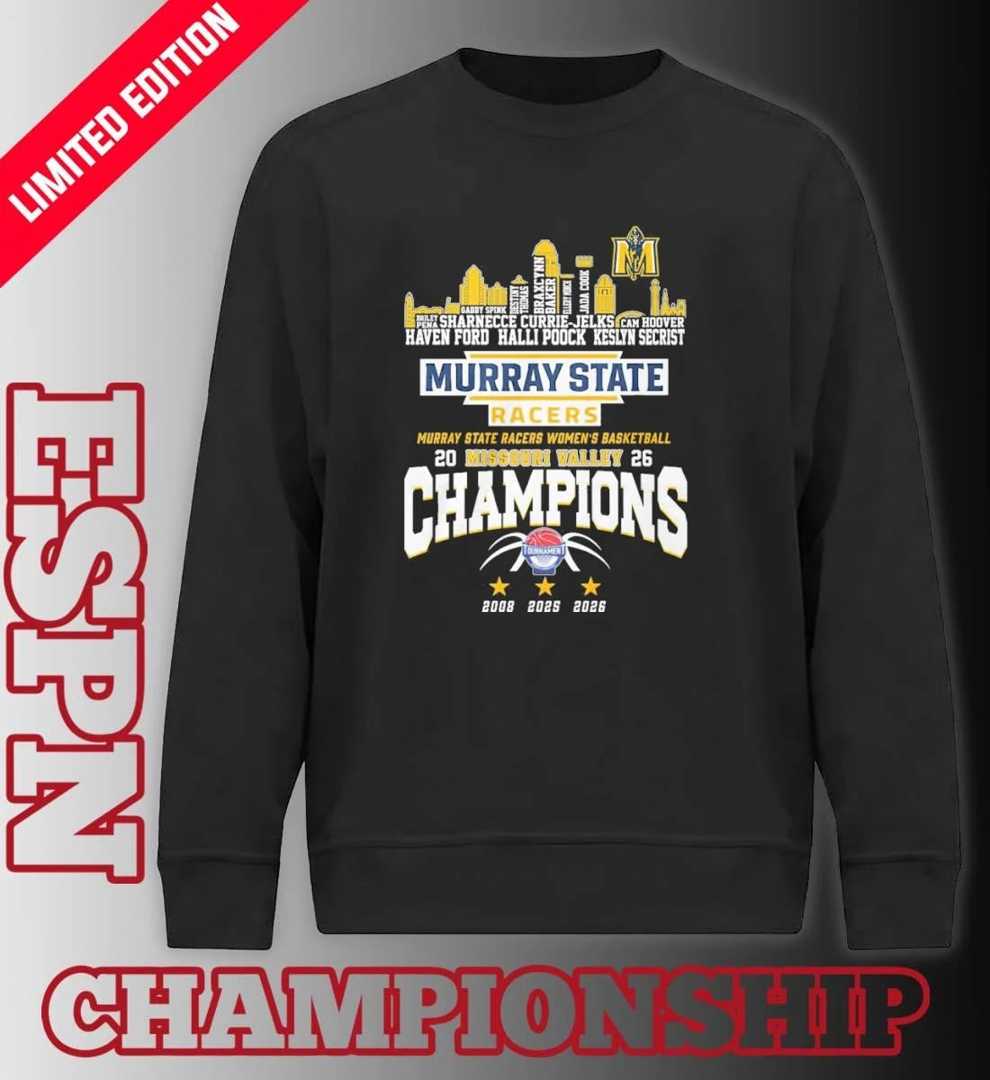 Official Murray State Women’s Basketball 2026 MVC Conference Champions Skyline Player Name Shirt