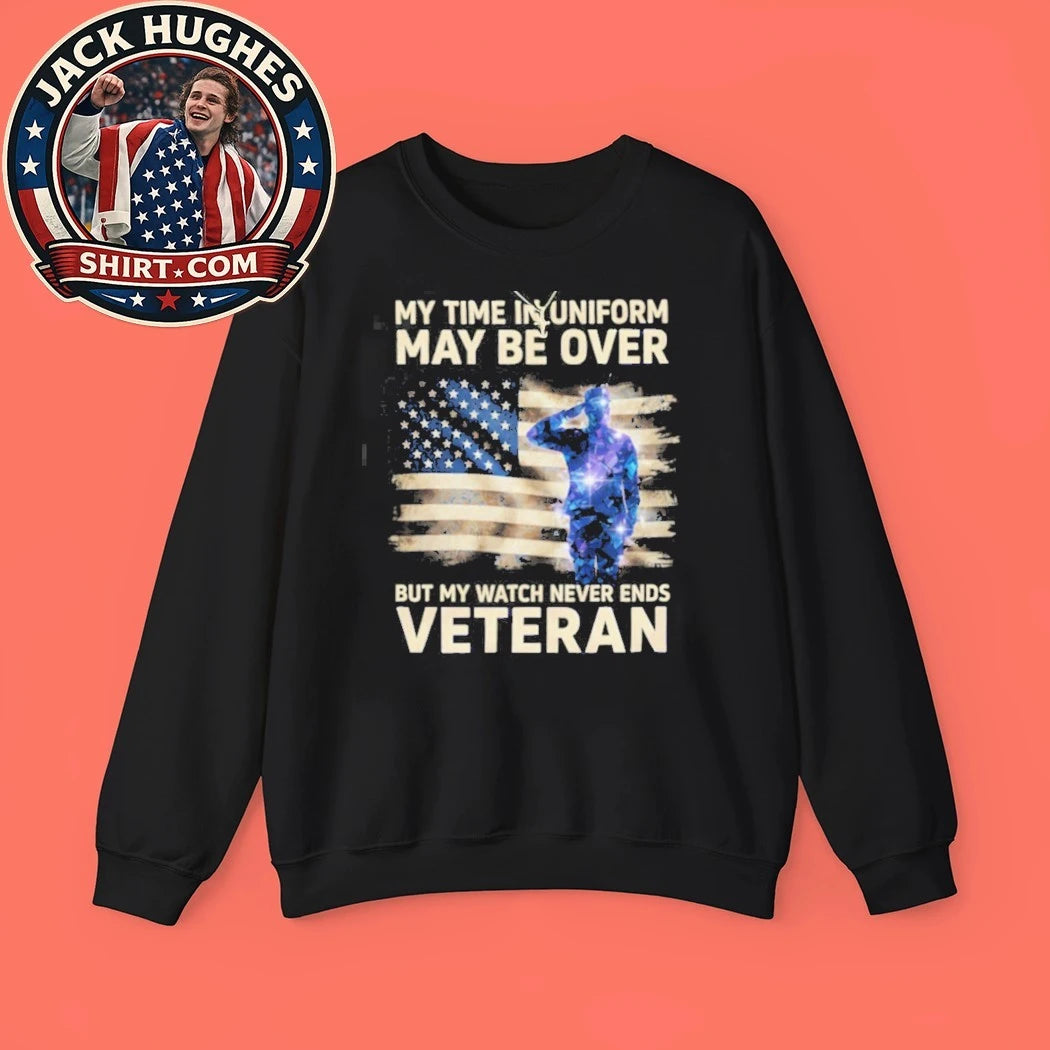 Official My Watch Never Ends Veteran Saluting Soldier American Flag Shirt