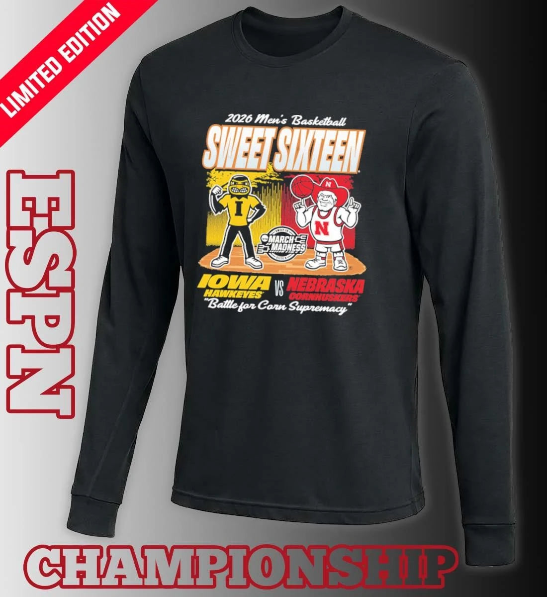 Official Nebraska Cornhuskers Vs Iowa Hawkeyes Mascot 2026 NCAA Men’s Basketball Sweet 16 Shirt