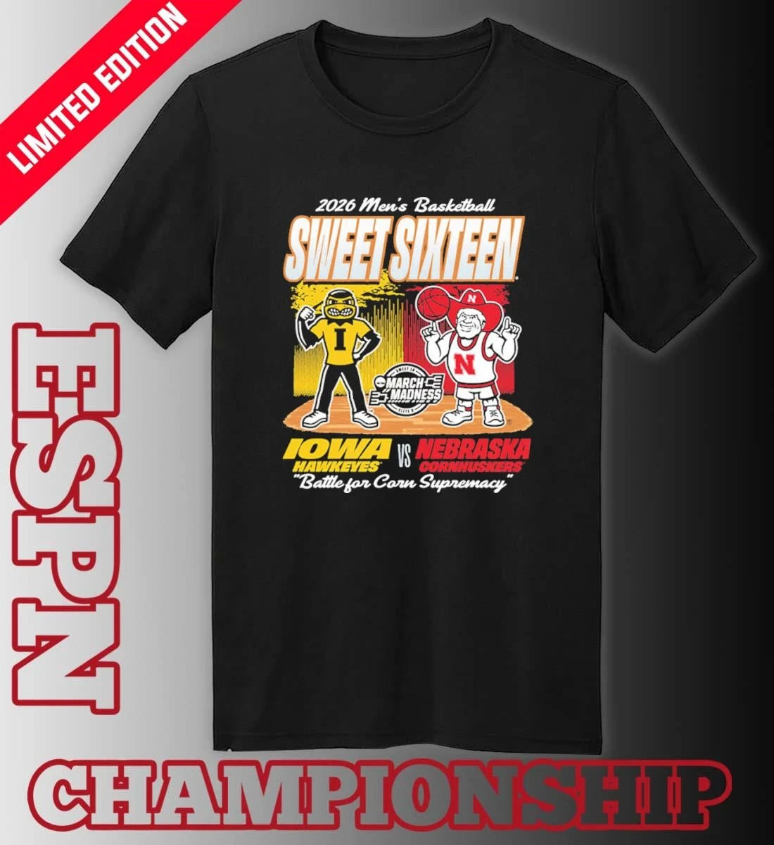 Official Nebraska Cornhuskers Vs Iowa Hawkeyes Mascot 2026 NCAA Men’s Basketball Sweet 16 Shirt