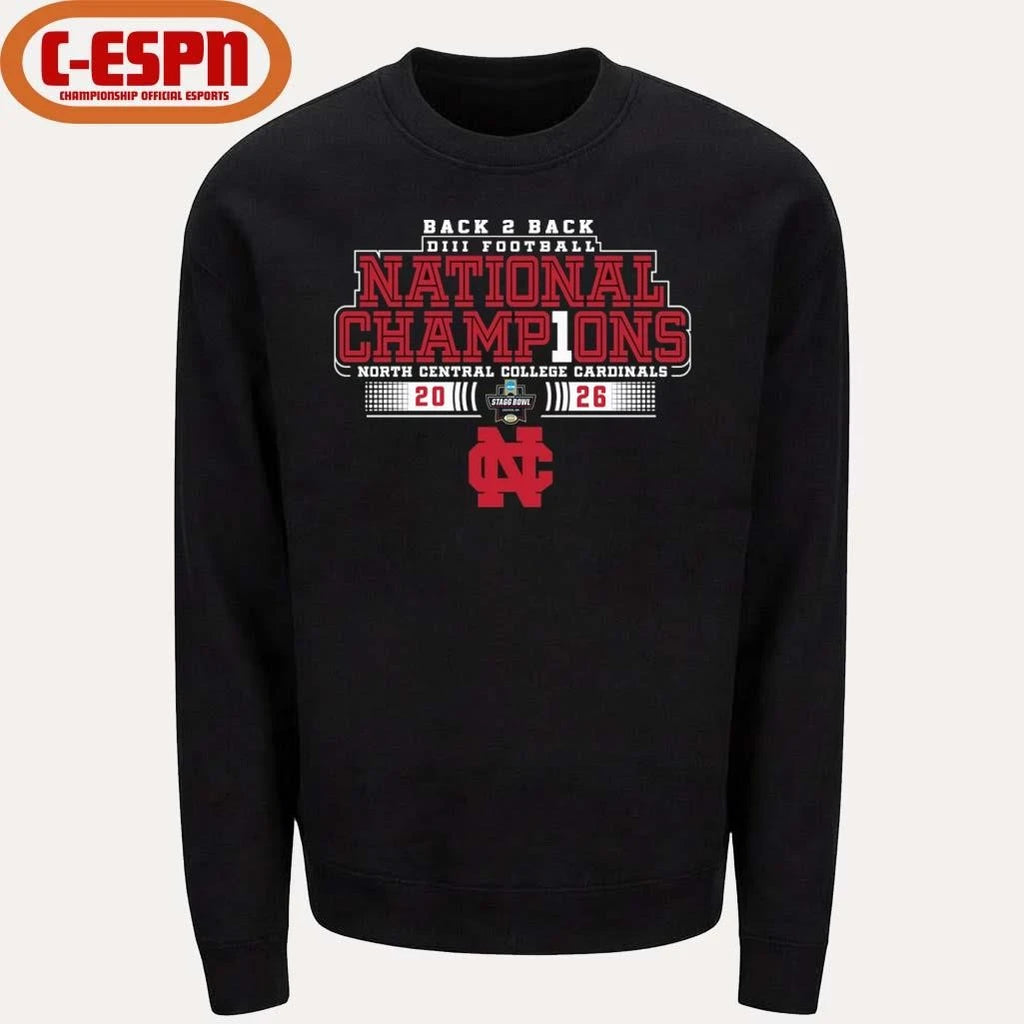 Official North Central College Back 2 Back NCAA DIII Football National Champions T-Shirt