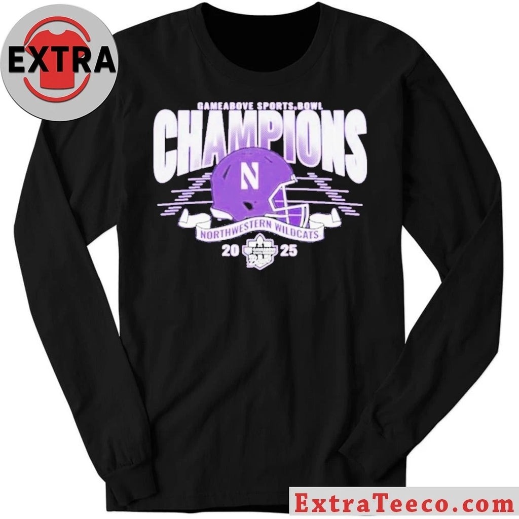 Official Northwestern Wildcats Purple Blue 84 2025 Game Above Sports Bowl Football Champions Helmet And Logo T-Shirt