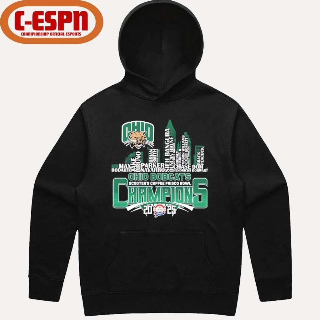 Official Ohio Bobcats Skyline Player Name 2025 Frisco Bowl Champions Shirt