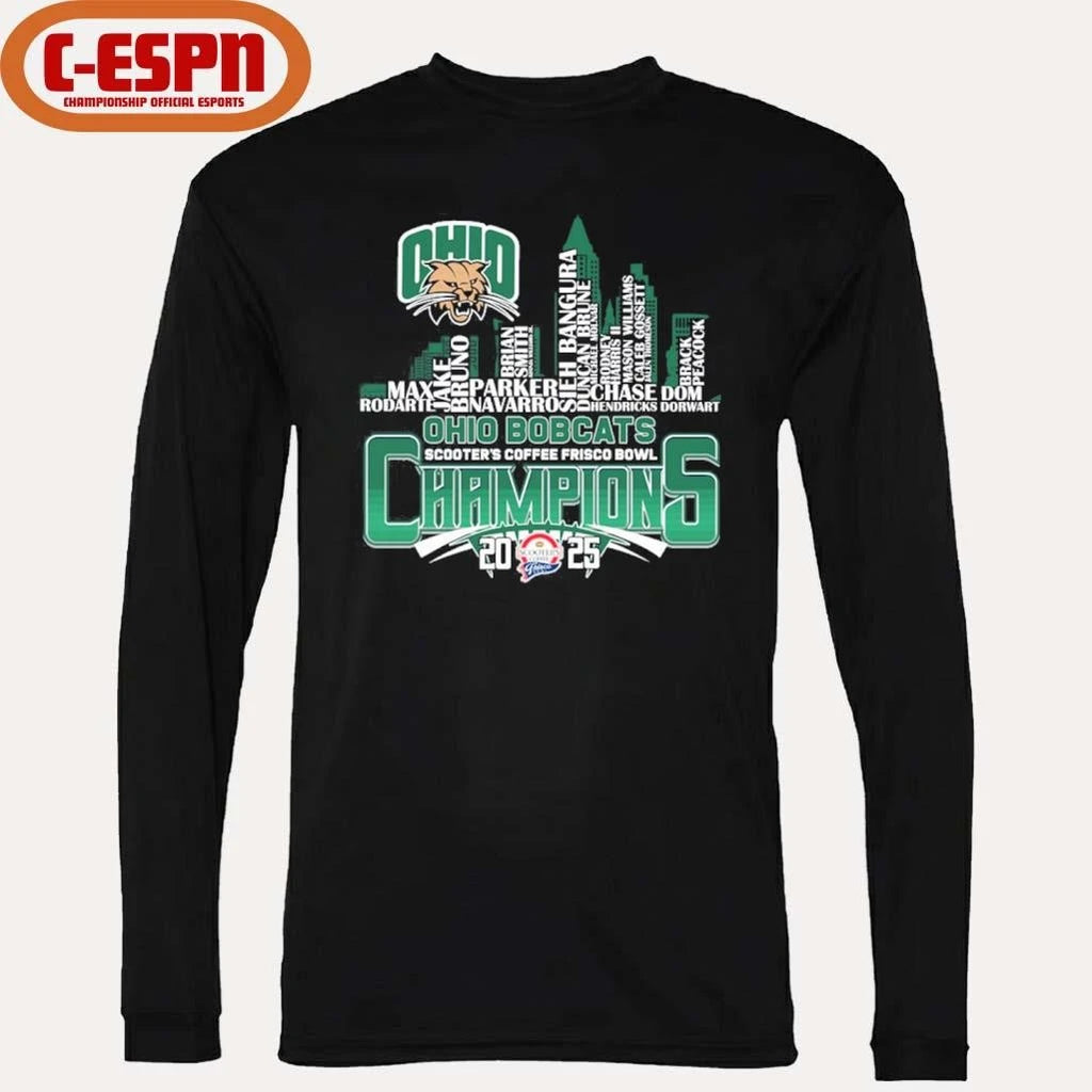 Official Ohio Bobcats Skyline Player Name 2025 Frisco Bowl Champions Shirt