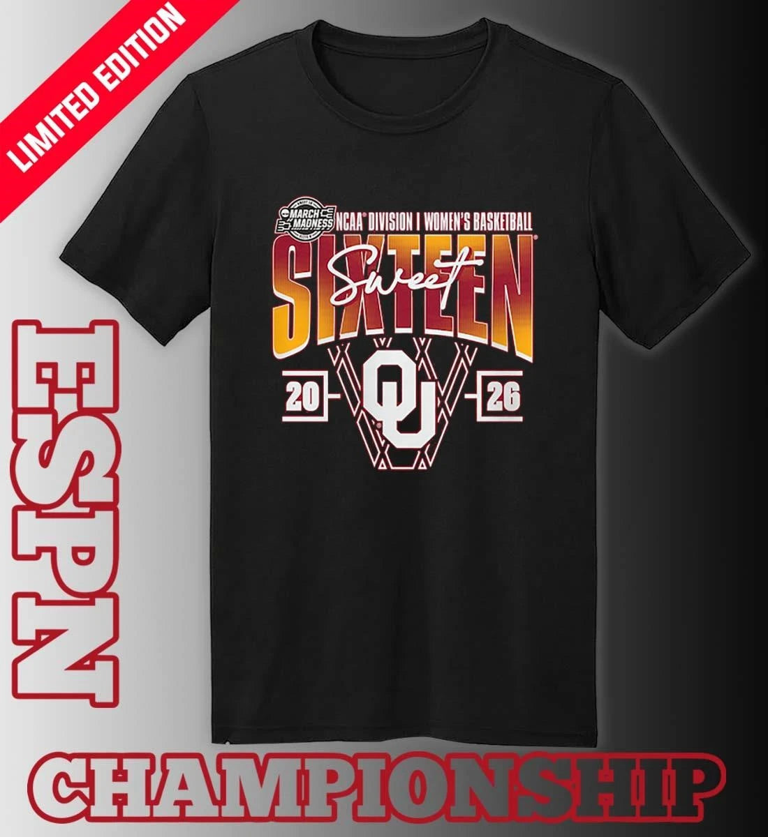 Official Oklahoma Sooners 2026 NCAA Women’s Basketball Tournament March Madness Sweet 16 Court Shot T-Shirt
