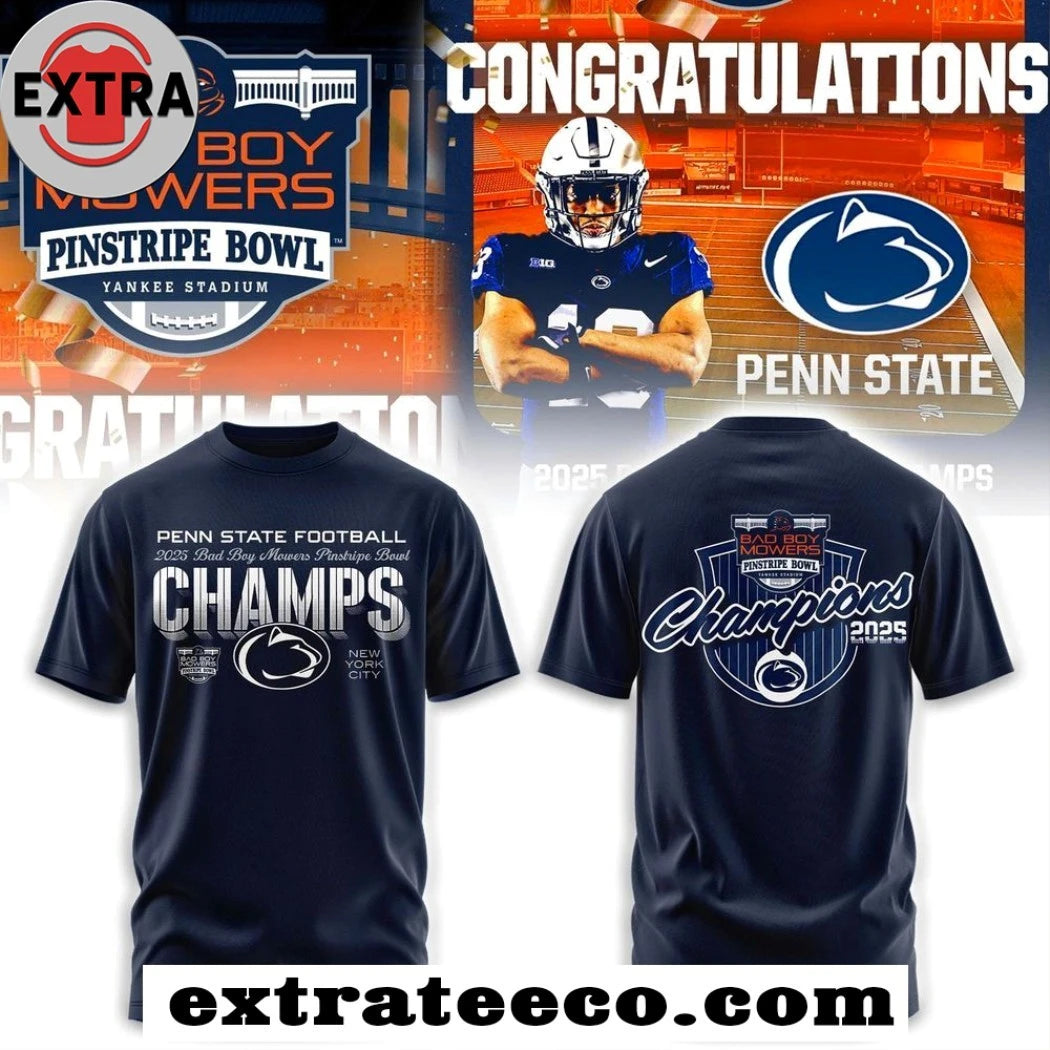Official Penn State Football 2025 Bad Boy Mowers Pinstripe Bowl Champions Hoodie Logo T-Shirt