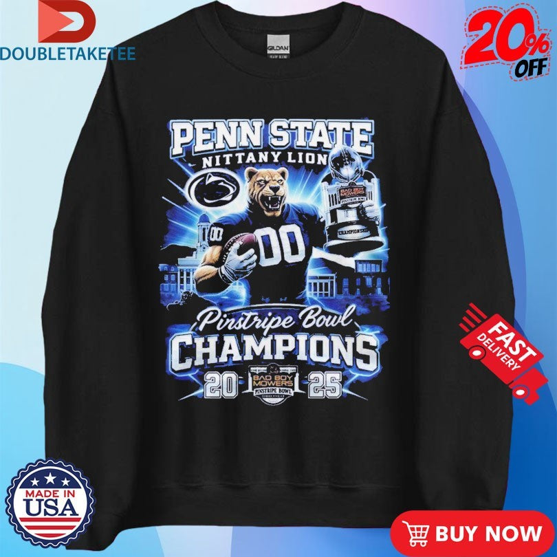 Official Penn State Nittany Lions 2025 Pinstripe Bowl Champions Mascot Trophy Shirts