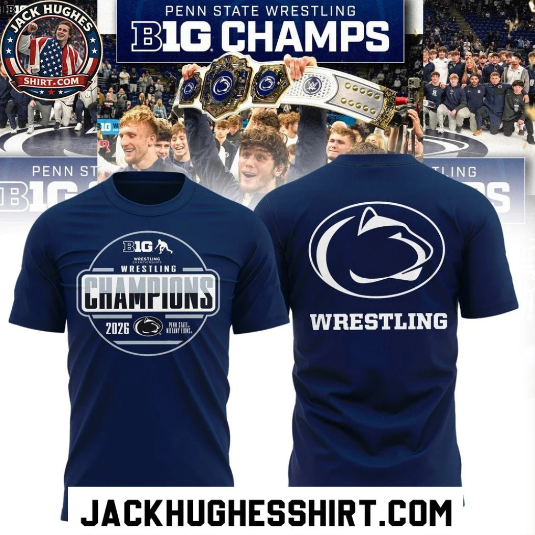 Official Penn State Nittany Lions 2026 Big Ten Mens Wrestling Tournament Champions Logo Two Sided Shirt