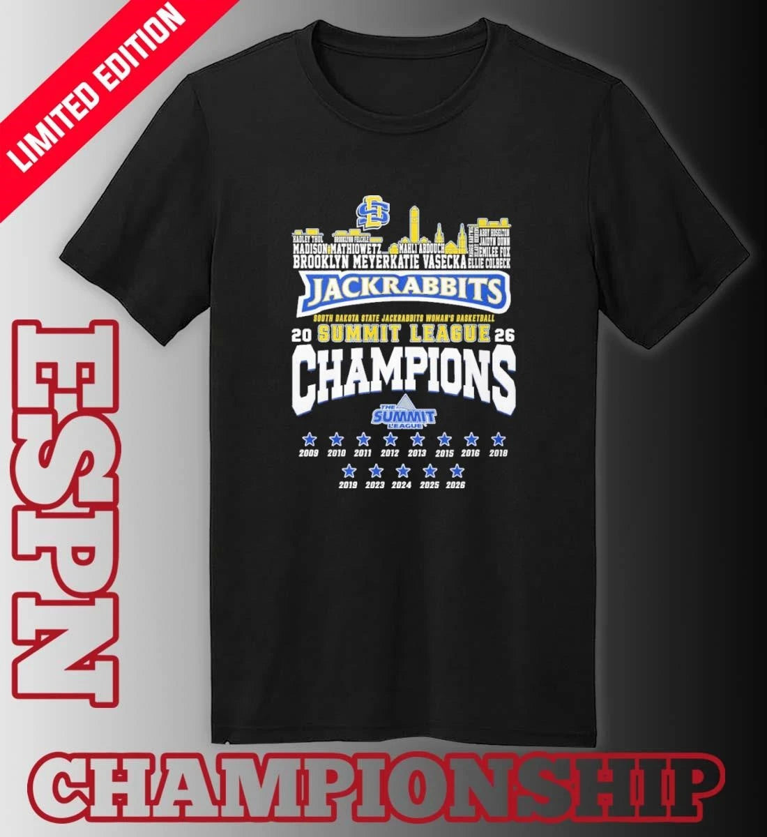 Official SDSU Men’s Basketball 2026 Summit League Conference Champions Skyline Player Name Shirt