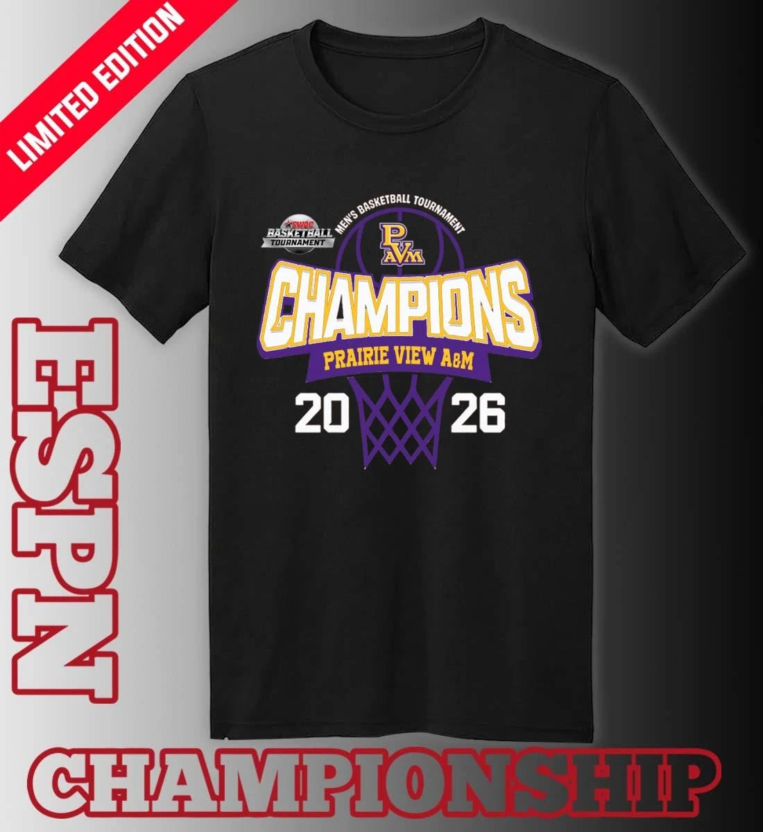 Official SWAC Men’s Basketball Tournament 2026 Champions Prairie View A&amp;M Panthers T-Shirt