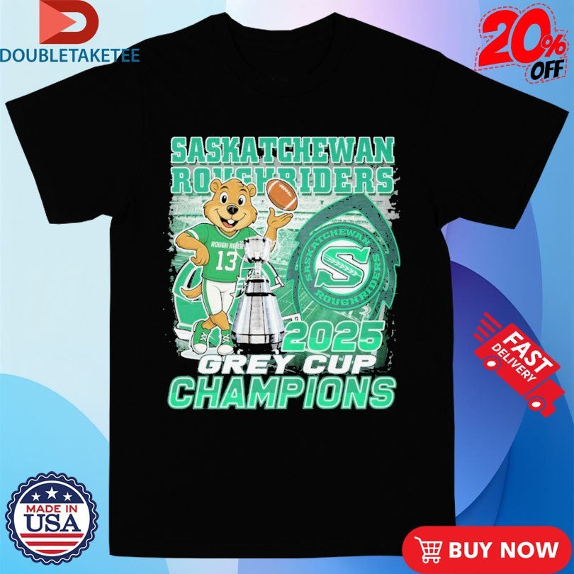 Official Saskatchewan Roughriders 2025 Grey Cup Champions Trophies Mascot Shirts