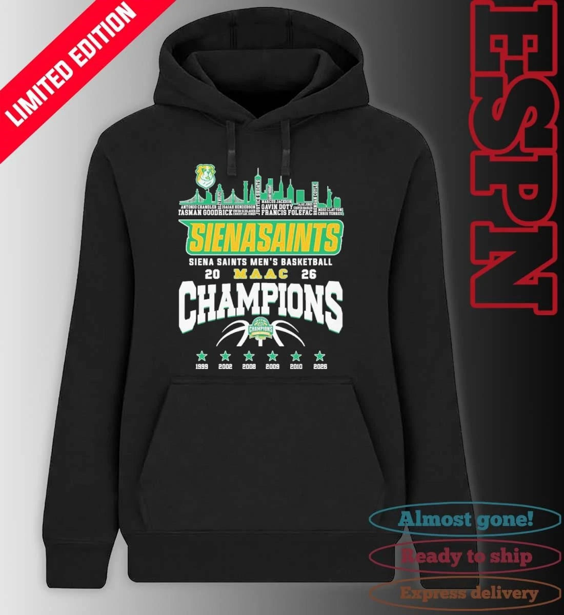 Official Siena Saints Men’s Basketball 2026 MAAC Conference Champions Skyline Player Name Shirt