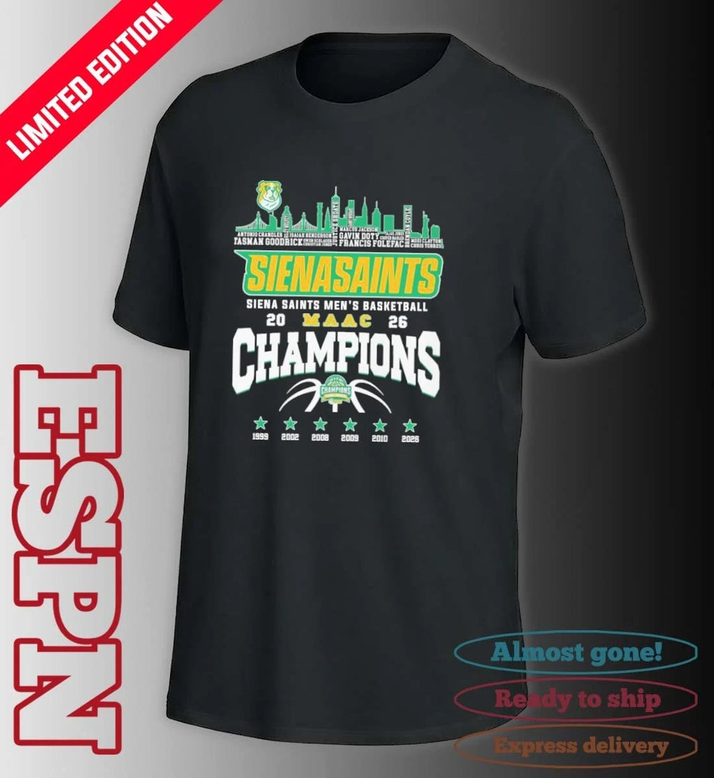 Official Siena Saints Men’s Basketball 2026 MAAC Conference Champions Skyline Player Name Shirt