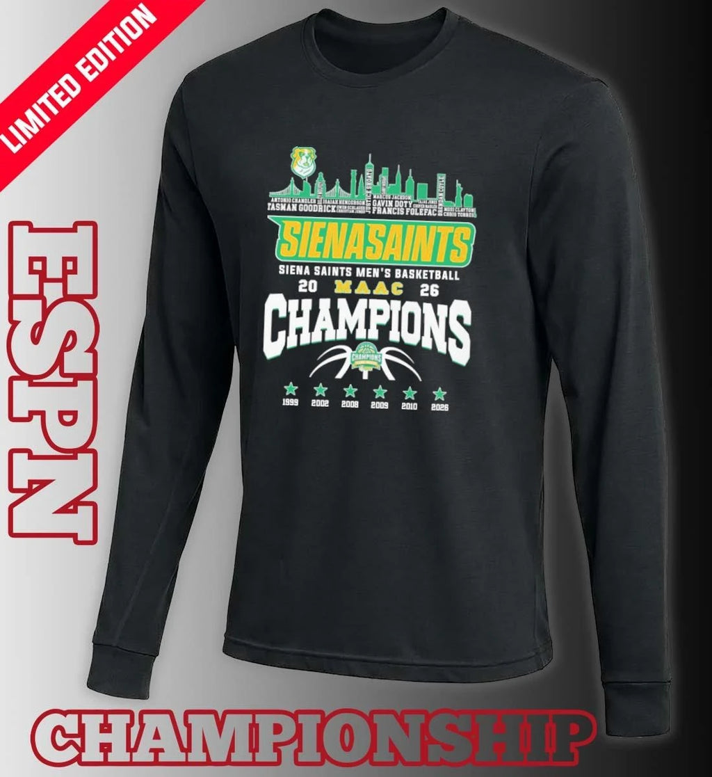Official Siena Saints Men’s Basketball 2026 MAAC Conference Champions Skyline Player Name Shirt