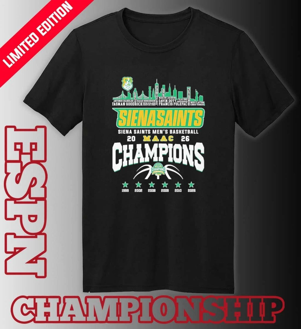 Official Siena Saints Men’s Basketball 2026 MAAC Conference Champions Skyline Player Name Shirt