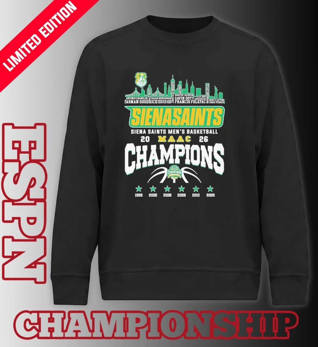 Official Siena Saints Men’s Basketball 2026 MAAC Conference Champions Skyline Player Name Shirt