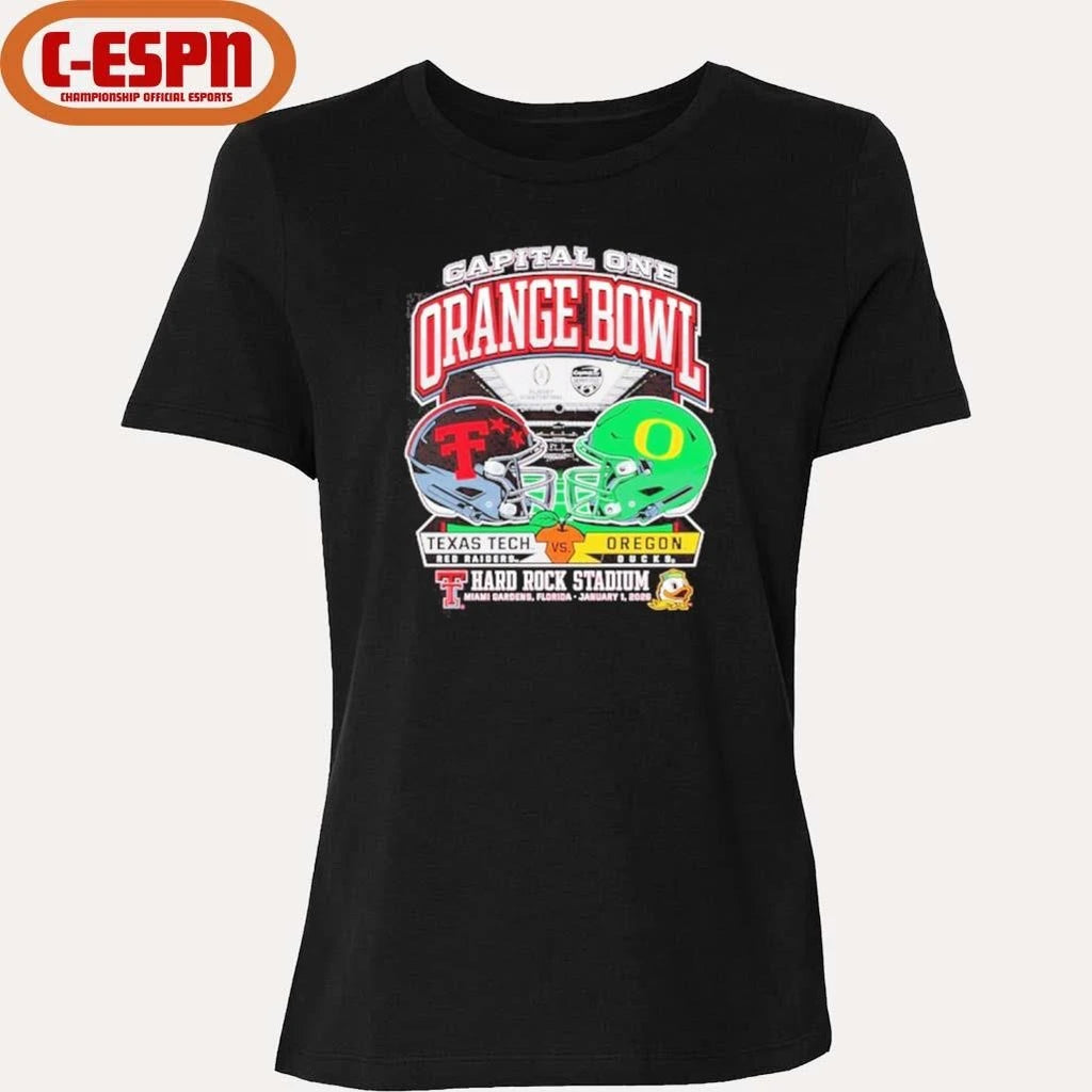 Official Texas Tech 2025 Orange Bowl Dueling Helmets vs. Oregon Shirt
