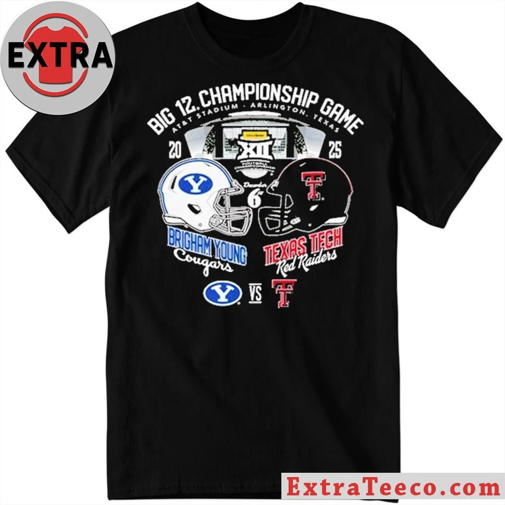 Official Texas Tech Red Raiders vs Brigham Cougars Big 12 Championship Game 2025 At AT And T Stadium Arlington Texas Helmet Logo T-Shirt