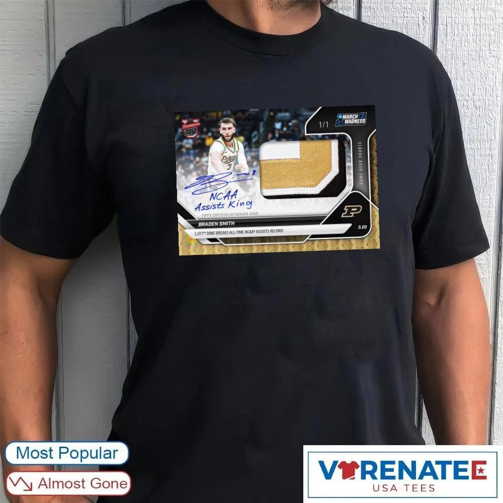 Official Topps Certified Autograph Issue Braden Smith 1,077th Dime Breaks All-time Ncaa Assists Record T-Shirt