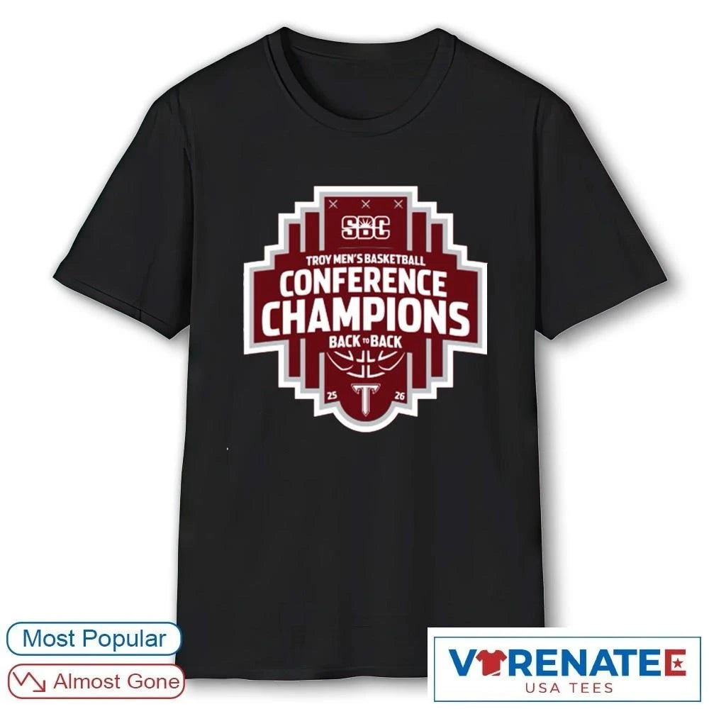 Official Troy Trojans Men’s Basketball Conference Champions 2026 Back To Back SBC Logo T-Shirt For Fans