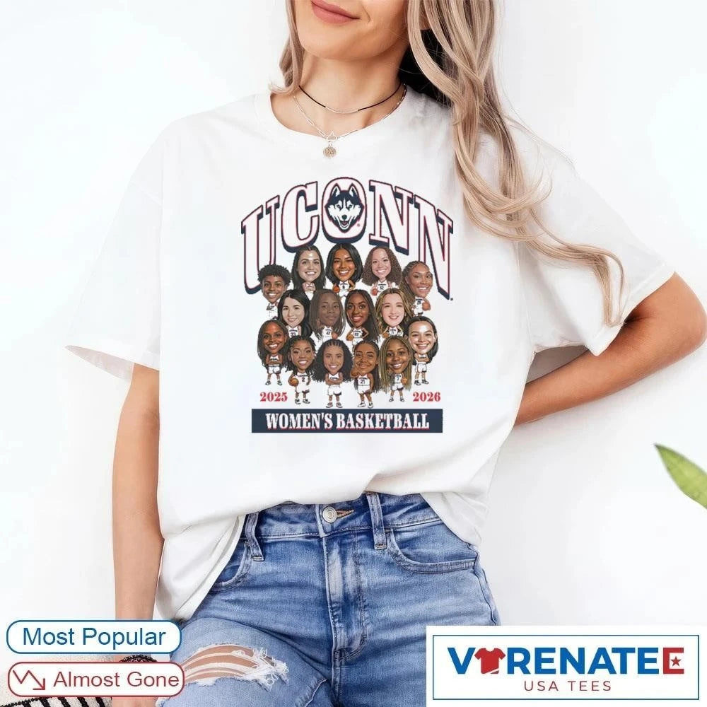 Official UConn Huskies Womens Basketball Big Head NCAA 2025 2026 College Basketball Tournament Fan Graphic T-Shirt