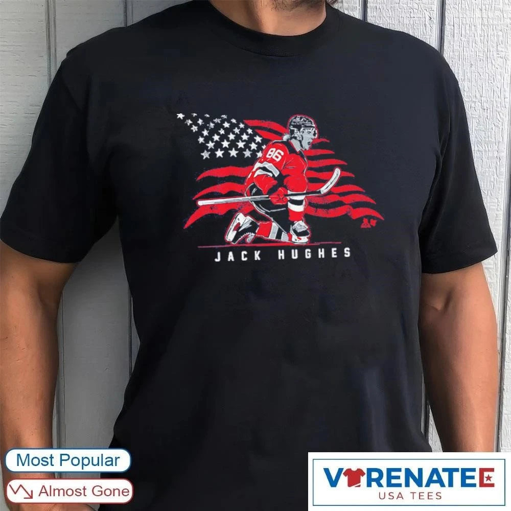 Official USA Hockey Jack Hughes Stars and Stripes Superstar Pose t-shirt