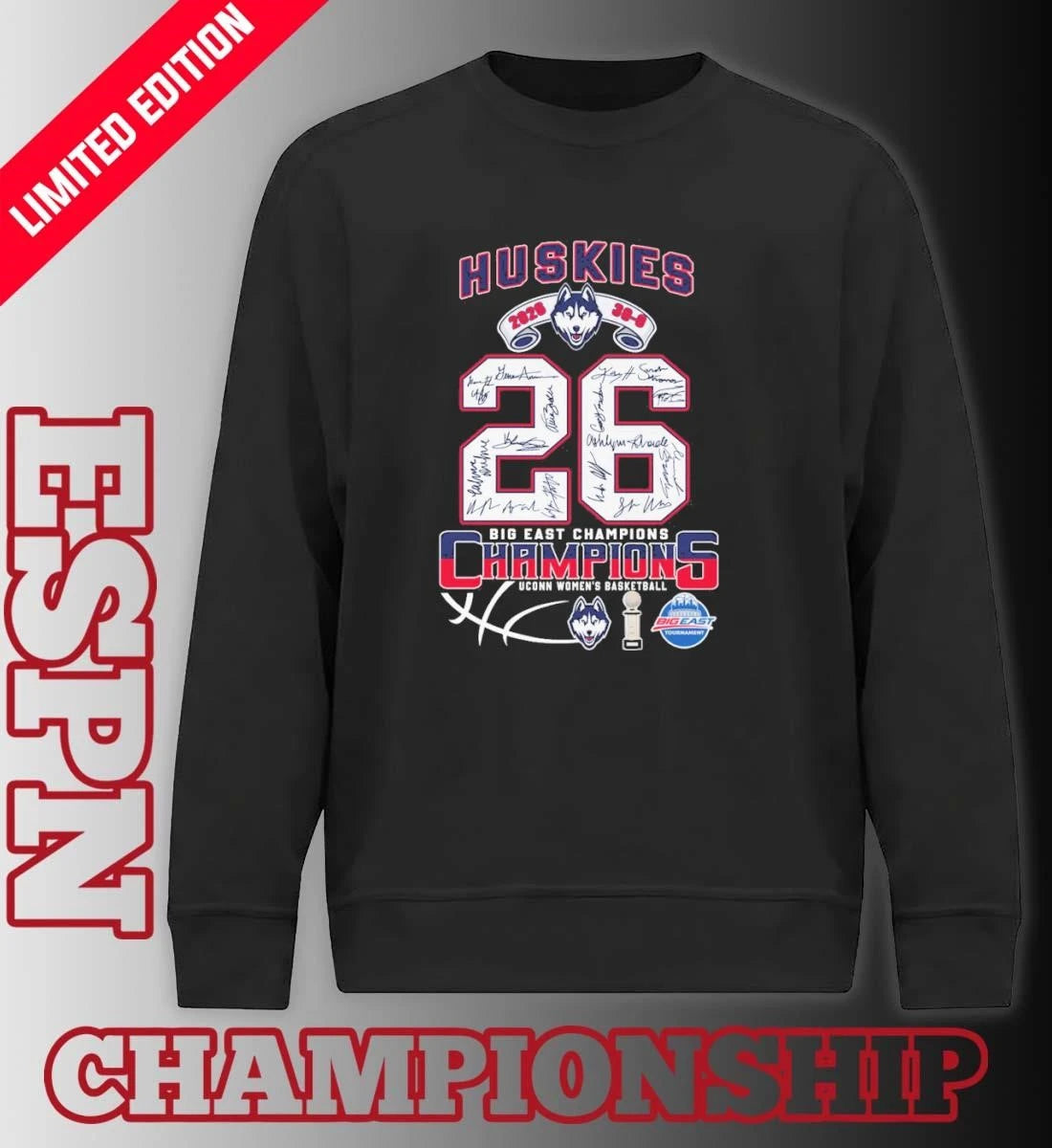 Official Uconn Huskies 2026 Big East Women’s Basketball Champions 30-0 Signatures Shirt