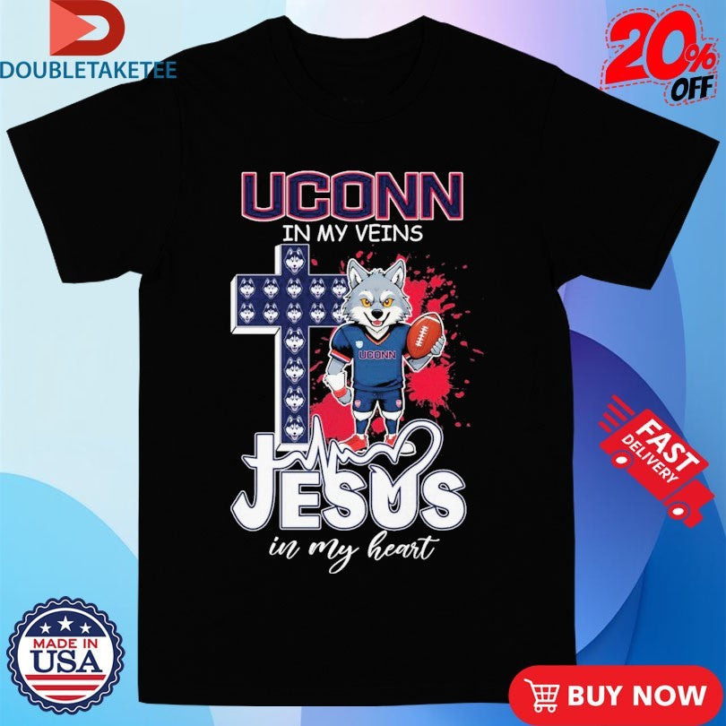 Official Uconn Huskies Football In My Veins Jesus In My Heart Mascot Cross Shirts