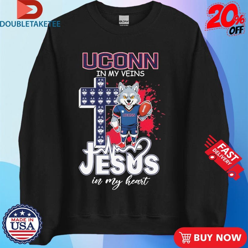 Official Uconn Huskies Football In My Veins Jesus In My Heart Mascot Cross Shirts