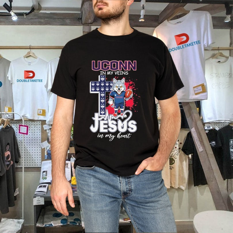 Official Uconn Huskies Football In My Veins Jesus In My Heart Mascot Cross Shirts