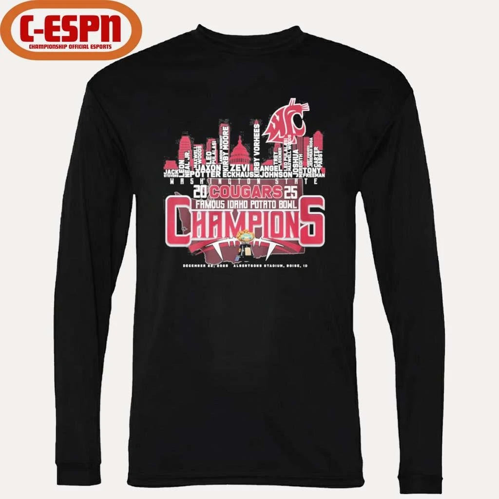 Official Washington State Cougars Skyline Player Names 2025 Idaho Potato Bowl Champions Shirt