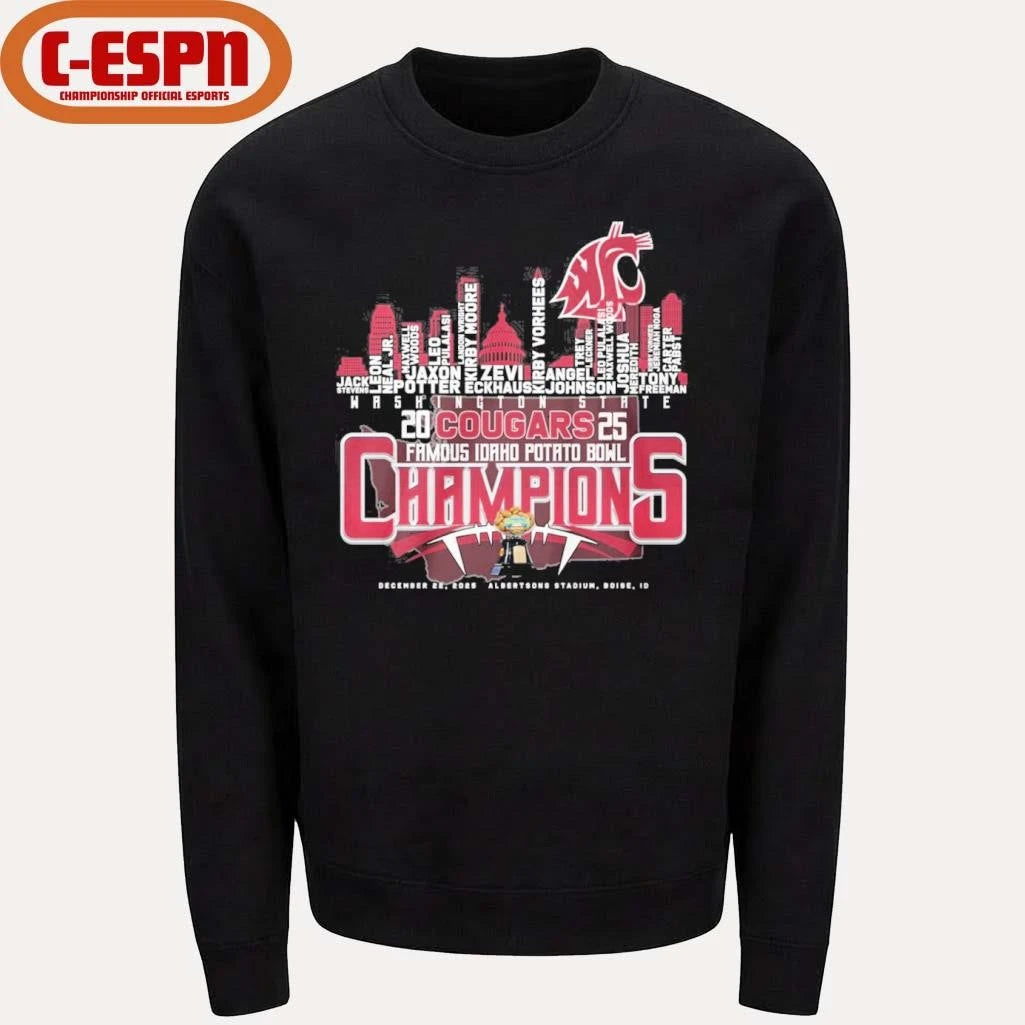 Official Washington State Cougars Skyline Player Names 2025 Idaho Potato Bowl Champions Shirt