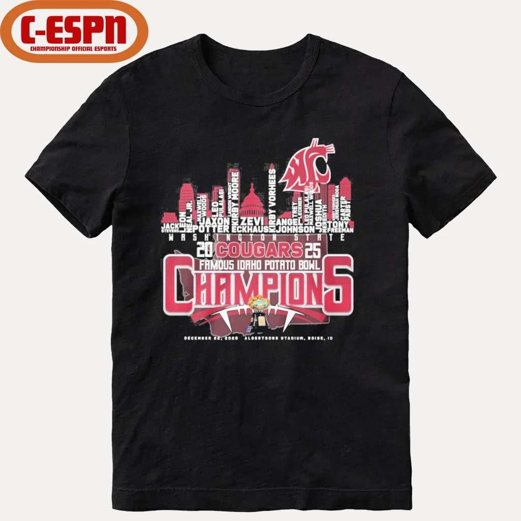 Official Washington State Cougars Skyline Player Names 2025 Idaho Potato Bowl Champions Shirt