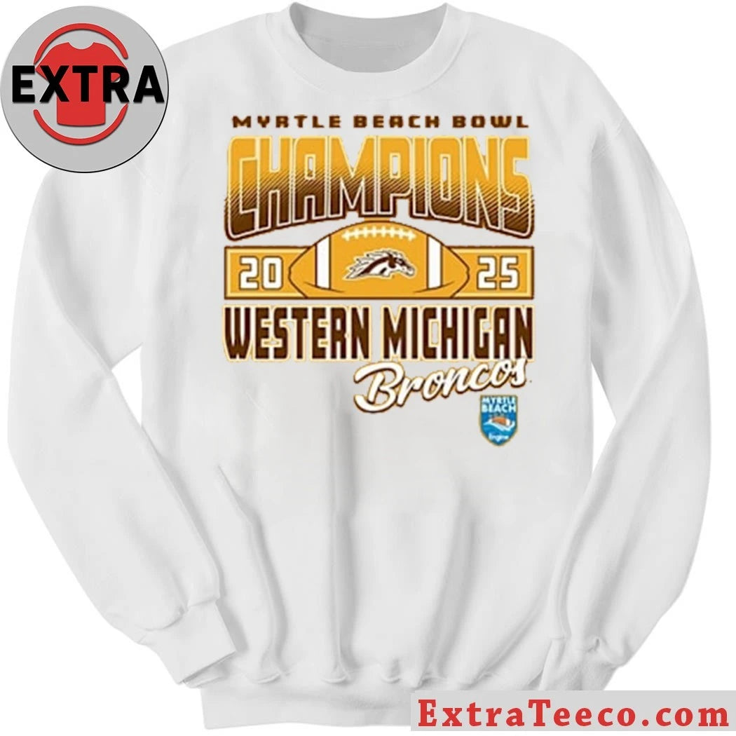 Official Western Michigan Broncos Gold Blue 84 2025 Myrtle Beach Bowl Champions Shirt