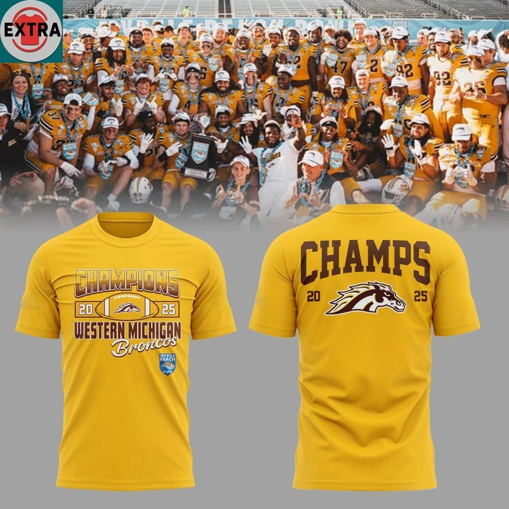 Official Western Michigan Broncos Myrtle Beach Bowl Champions 2025 Football Logo Shirt