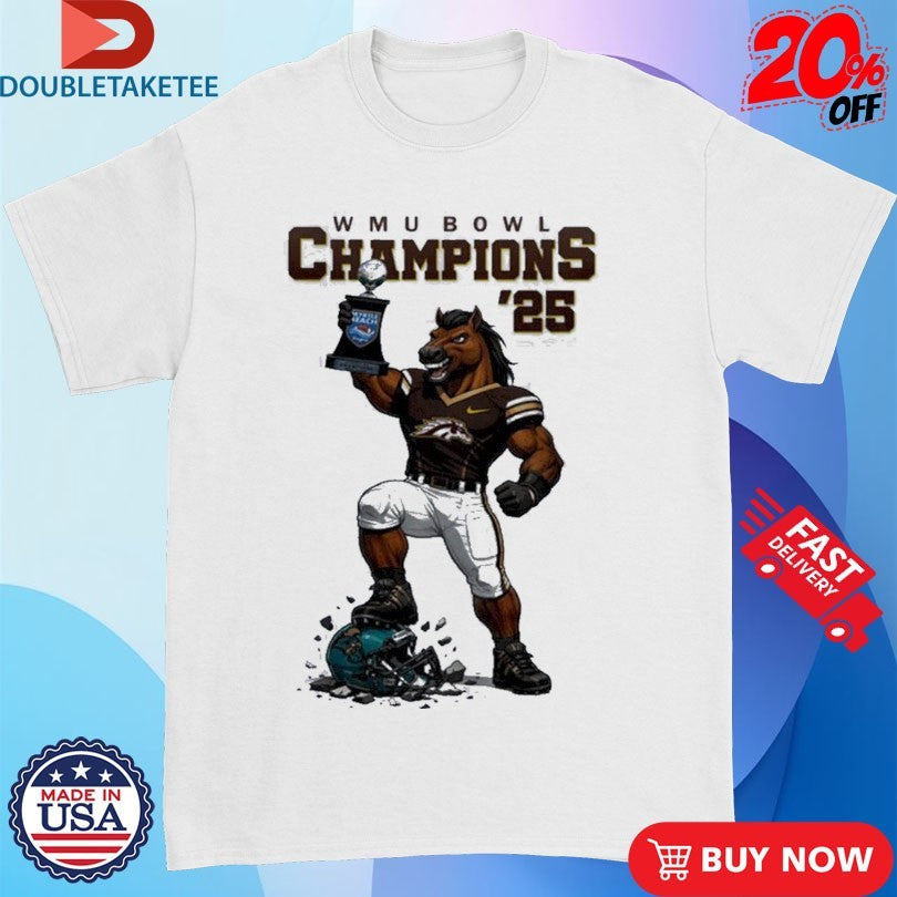 Official Western Michigan Broncos Myrtle Beach Bowl Champions 2025 Mascot Trophy Shirts