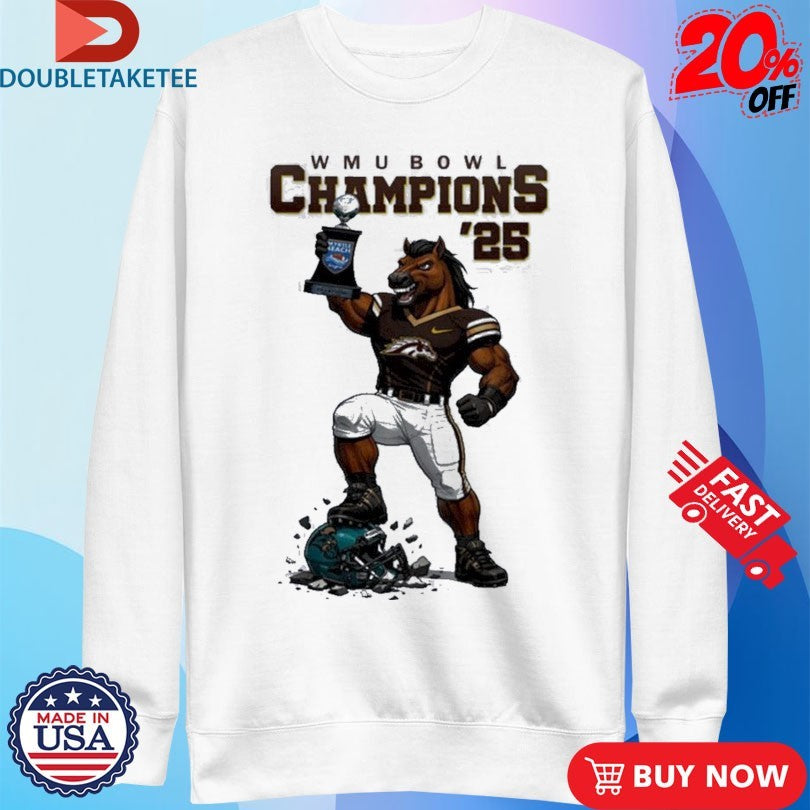 Official Western Michigan Broncos Myrtle Beach Bowl Champions 2025 Mascot Trophy Shirts