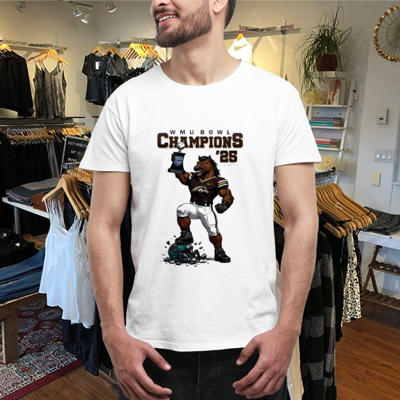 Official Western Michigan Broncos Myrtle Beach Bowl Champions 2025 Mascot Trophy Shirts