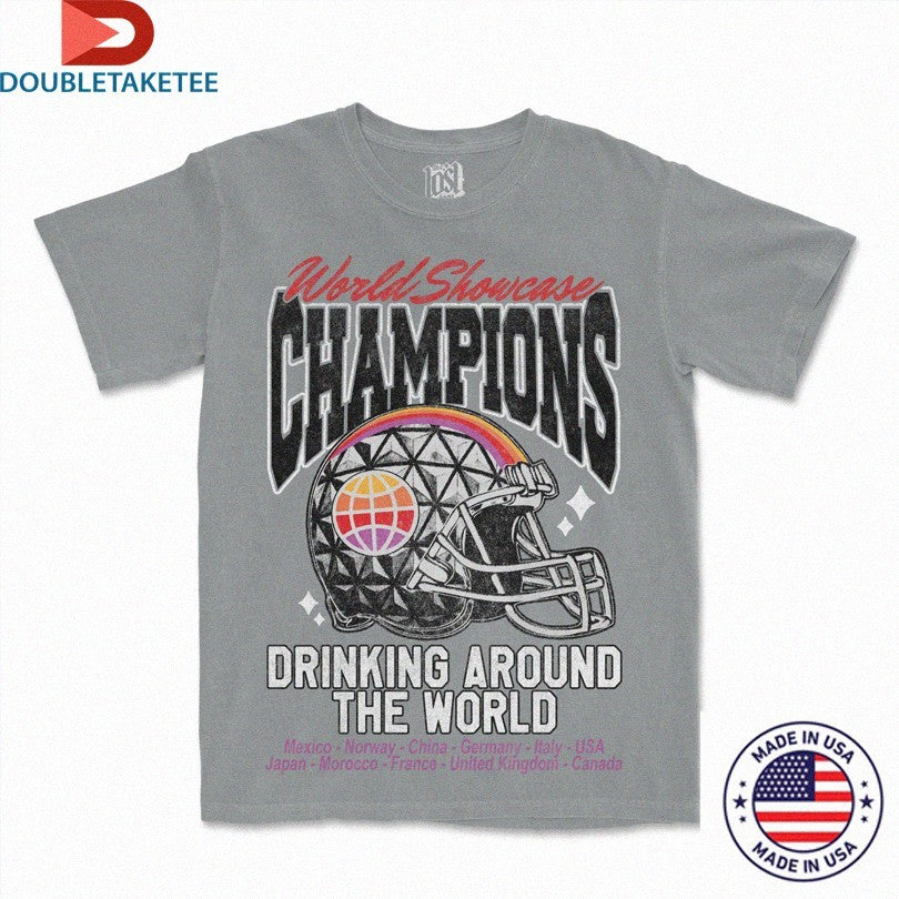 Official World Showcase Champions Drinking Around The World Globe Shirts