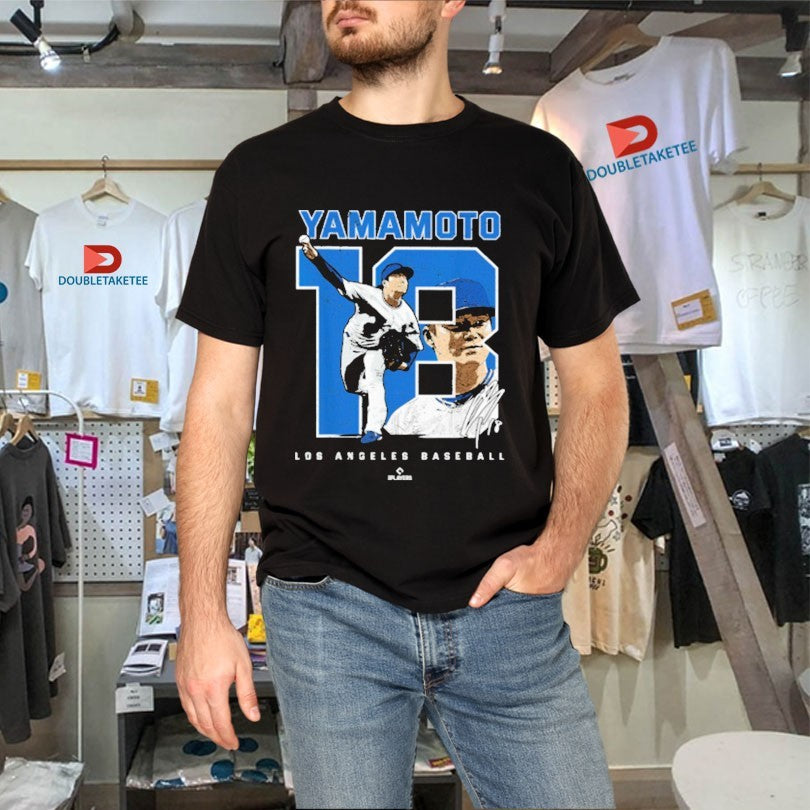 Official Yoshinobu Yamamoto #18 Caricature Los Angeles Dodgers Signature Shirts